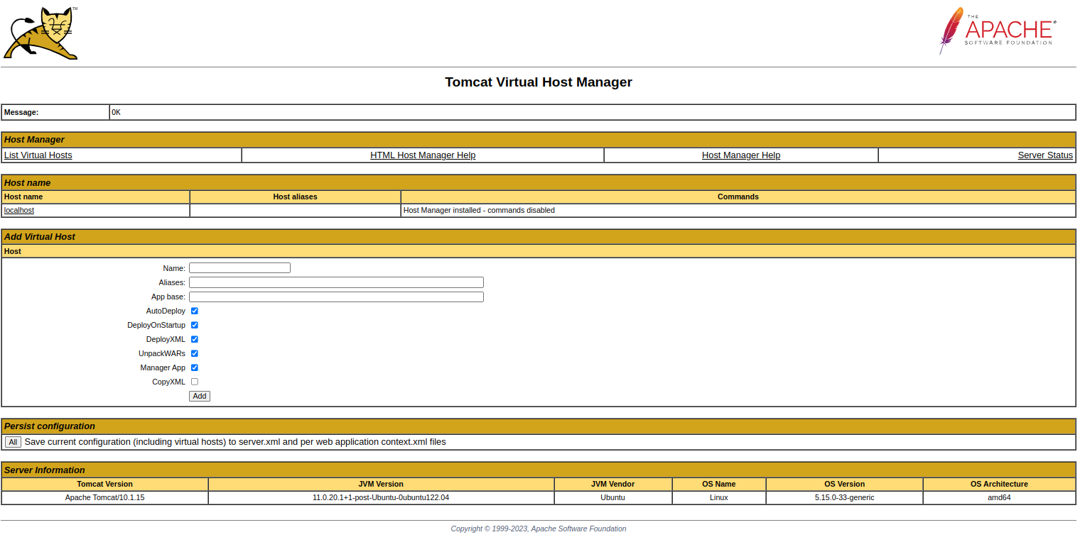 Tomcat host manager page